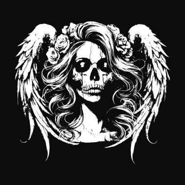 Kara Sanat Kurukafa Melek Yüzlü Kanatlı Korkunç Grunge Vintage Dövmeli Görüntü Siyah Beyaz