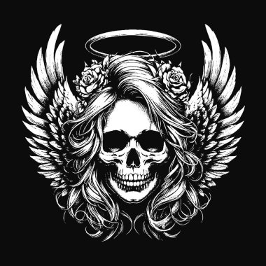 Kara Sanat Kurukafa Melek Yüzlü Kanatlı Korkunç Grunge Vintage Dövmeli Görüntü Siyah Beyaz