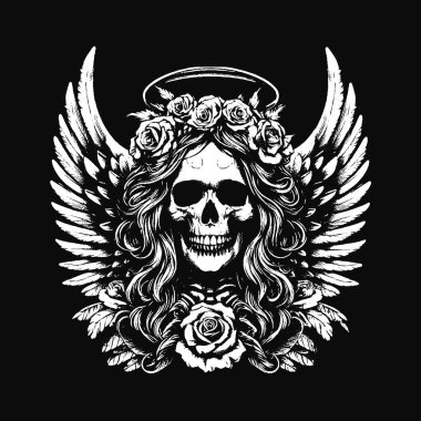 Kara Sanat Kurukafa Melek Yüzlü Kanatlı Korkunç Grunge Vintage Dövmeli Görüntü Siyah Beyaz