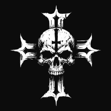 Çapraz İşaretli Kara Sanat Kafatası Dövmeli Grunge Klasik korku illüstrasyonu Siyah Beyaz