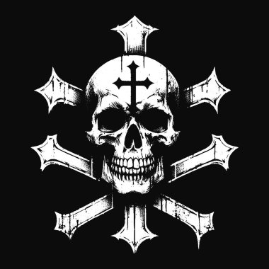 Çapraz İşaretli Kara Sanat Kafatası Dövmeli Grunge Klasik korku illüstrasyonu Siyah Beyaz