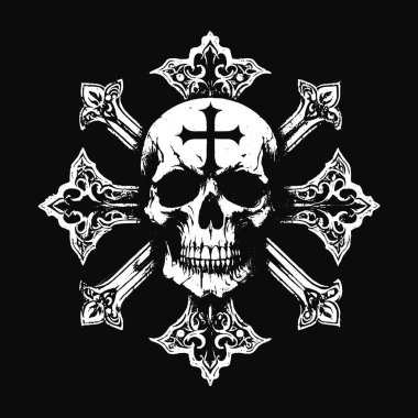 Çapraz İşaretli Kara Sanat Kafatası Dövmeli Grunge Klasik korku illüstrasyonu Siyah Beyaz