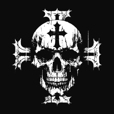 Çapraz İşaretli Kara Sanat Kafatası Dövmeli Grunge Klasik korku illüstrasyonu Siyah Beyaz