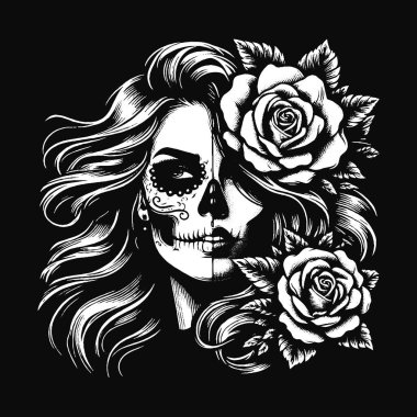 Esmer Sanat Kafatası Kızı Uzun Saçlı Gül Kadın Grunge Vintage Dövmeli Görüntü Siyah Beyaz