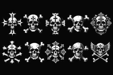 Koyu renk Sanat Kafatası Kafasını Çapraz İşaretli Dövmeli Grunge Klasik Korku Çizimi Siyah Beyaz