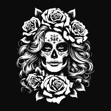 Esmer Sanat Kafatası Kızı Uzun Saçlı Gül Kadın Grunge Vintage Dövmeli Görüntü Siyah Beyaz