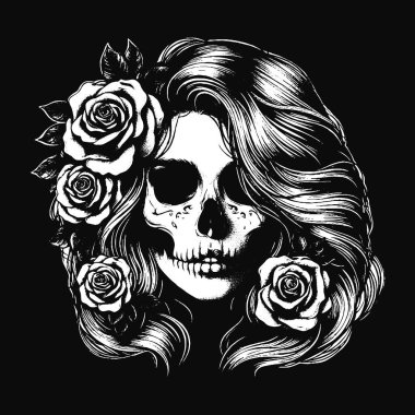 Esmer Sanat Kafatası Kızı Uzun Saçlı Gül Kadın Grunge Vintage Dövmeli Görüntü Siyah Beyaz