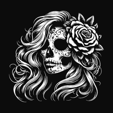 Esmer Sanat Kafatası Kızı Uzun Saçlı Gül Kadın Grunge Vintage Dövmeli Görüntü Siyah Beyaz
