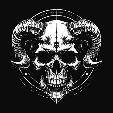 Kara Sanat Kafatası Boynuz Şeytan Grunge Vintage Dövme: Siyah Beyaz