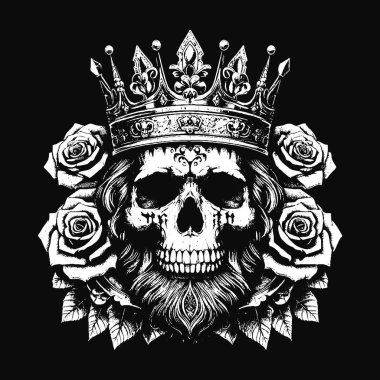 Koyu Sanat Kurukafa Kral Taht Güller Vintage Grunge Dövmeli siyah beyaz