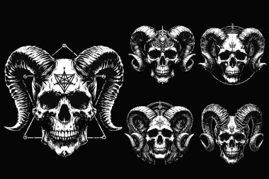 Koyu Sanat Kafatası Boynuzu Şeytan Grunge Vintage Dövmesi Görüntü Yönetmeni Kara Beyaz