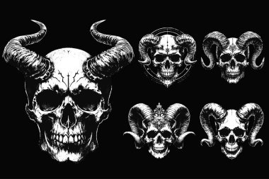 Koyu Sanat Kafatası Boynuzu Şeytan Grunge Vintage Dövmesi Görüntü Yönetmeni Kara Beyaz