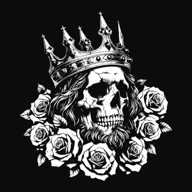 Koyu Sanat Kurukafa Kral Taht Güller Vintage Grunge Dövmeli siyah beyaz