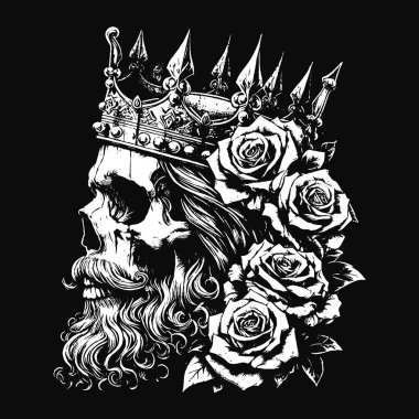 Koyu Sanat Kurukafa Kral Taht Güller Vintage Grunge Dövmeli siyah beyaz