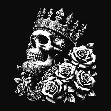 Koyu Sanat Kurukafa Kral Taht Güller Vintage Grunge Dövmeli siyah beyaz