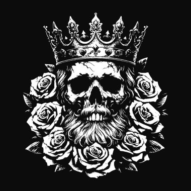 Koyu Sanat Kurukafa Kral Taht Güller Vintage Grunge Dövmeli siyah beyaz