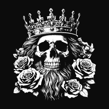 Koyu Sanat Kurukafa Kral Taht Güller Vintage Grunge Dövmeli siyah beyaz