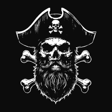 Kara Sanat Kurukafa Korsanları Kaptan Denizci Şapka Grunge Vintage Dövmeli illüstrasyon Siyah Beyaz