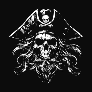 Kara Sanat Kurukafa Korsanları Kaptan Denizci Şapka Grunge Vintage Dövmeli illüstrasyon Siyah Beyaz