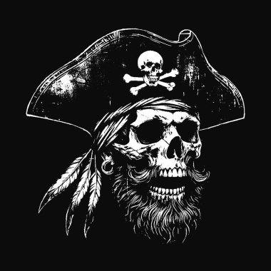 Kara Sanat Kurukafa Korsanları Kaptan Denizci Şapka Grunge Vintage Dövmeli illüstrasyon Siyah Beyaz
