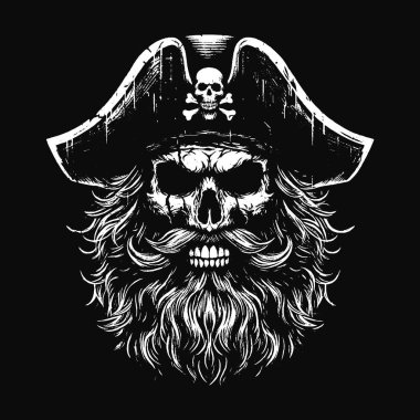 Kara Sanat Kurukafa Korsanları Kaptan Denizci Şapka Grunge Vintage Dövmeli illüstrasyon Siyah Beyaz