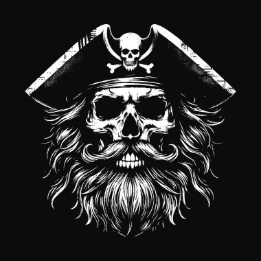 Kara Sanat Kurukafa Korsanları Kaptan Denizci Şapka Grunge Vintage Dövmeli illüstrasyon Siyah Beyaz