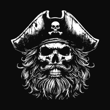 Kara Sanat Kurukafa Korsanları Kaptan Denizci Şapka Grunge Vintage Dövmeli illüstrasyon Siyah Beyaz
