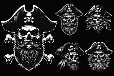 Set Kara Sanat Kurukafa Korsanları Kaptan Denizci Şapka Grunge Vintage Dövmeli illüstrasyon Siyah Beyaz