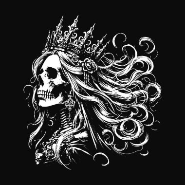 Koyu Sanat Kafatası Kraliçesi Rose ve Crown Horror Grunge Vintage Dövmeli Kadın Görüntü Siyah Beyaz