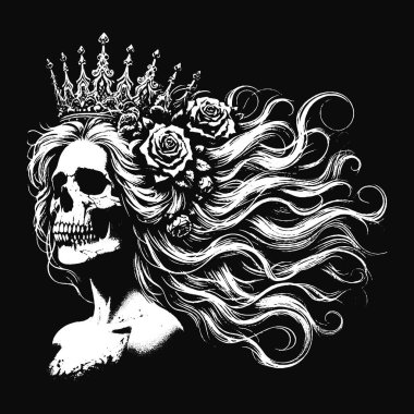 Koyu Sanat Kafatası Kraliçesi Rose ve Crown Horror Grunge Vintage Dövmeli Kadın Görüntü Siyah Beyaz