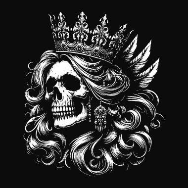 Koyu Sanat Kafatası Kraliçesi Rose ve Crown Horror Grunge Vintage Dövmeli Kadın Görüntü Siyah Beyaz