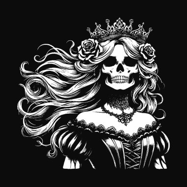 Koyu Sanat Kafatası Kraliçesi Rose ve Crown Horror Grunge Vintage Dövmeli Kadın Görüntü Siyah Beyaz