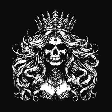 Koyu Sanat Kafatası Kraliçesi Rose ve Crown Horror Grunge Vintage Dövmeli Kadın Görüntü Siyah Beyaz
