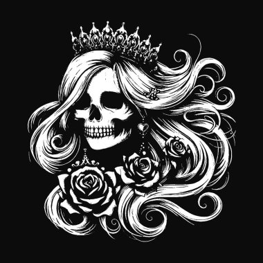 Koyu Sanat Kafatası Kraliçesi Rose ve Crown Horror Grunge Vintage Dövmeli Kadın Görüntü Siyah Beyaz
