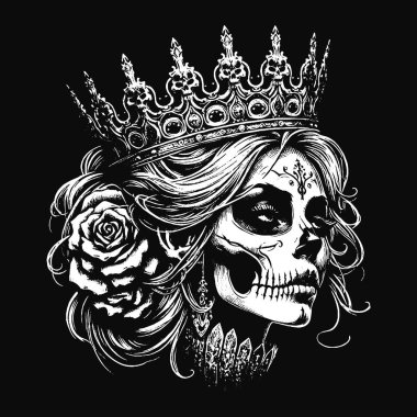 Koyu Sanat Kafatası Kraliçesi Rose ve Crown Horror Grunge Vintage Dövmeli Kadın Görüntü Siyah Beyaz