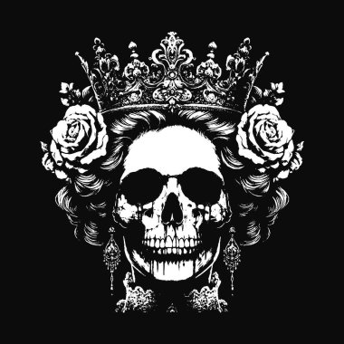 Koyu Sanat Kafatası Kraliçesi Rose ve Crown Horror Grunge Vintage Dövmeli Kadın Görüntü Siyah Beyaz