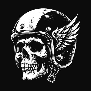 Kasklı Kara Sanat Kafatası Sürücüsü Motosikletli Grunge Vintage Dövmeli Siyah Beyaz