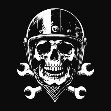 Kasklı Kara Sanat Kafatası Sürücüsü Motosikletli Grunge Vintage Dövmeli Siyah Beyaz