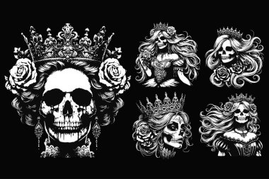 Rose ve Crown Horror Grunge Vintage dövmeli Koyu Sanat Kurukafa Queens Kadını Tanıtım Siyah Beyaz