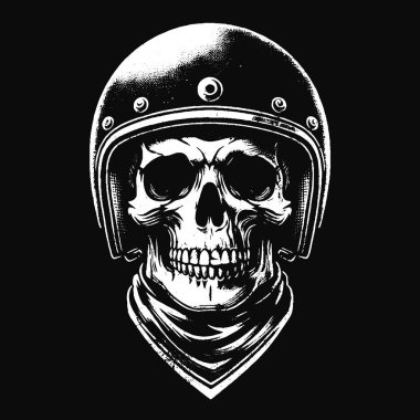 Kasklı Kara Sanat Kafatası Sürücüsü Motosikletli Grunge Vintage Dövmeli Siyah Beyaz