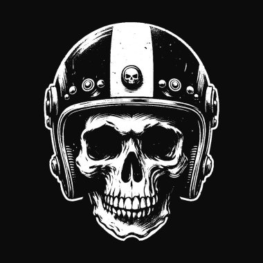 Kasklı Kara Sanat Kafatası Sürücüsü Motosikletli Grunge Vintage Dövmeli Siyah Beyaz