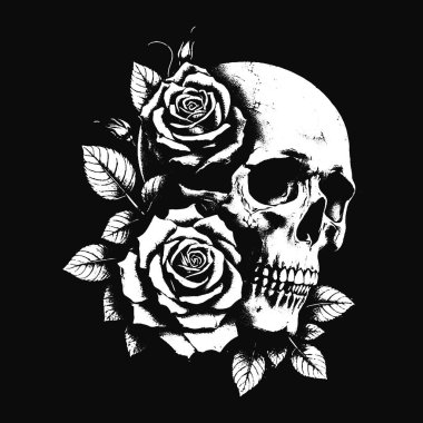 Karanlık Sanat Kurukafa Güller Çiçek Ölüm Grunge Korkunç Vintage Dövme illüstrasyon Siyah Beyaz