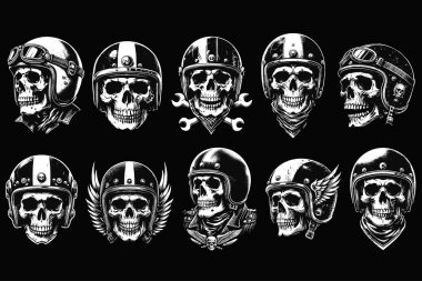 Koyu renk Sanatsal Kafatası Sürücüsü Kasklı Motosikletli Grunge Klasik Dövmeli Siyah Beyaz