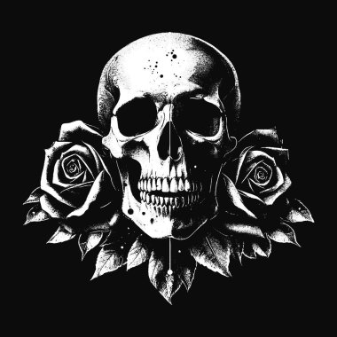 Karanlık Sanat Kurukafa Güller Çiçek Ölüm Grunge Korkunç Vintage Dövme illüstrasyon Siyah Beyaz