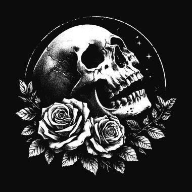 Karanlık Sanat Kurukafa Güller Çiçek Ölüm Grunge Korkunç Vintage Dövme illüstrasyon Siyah Beyaz