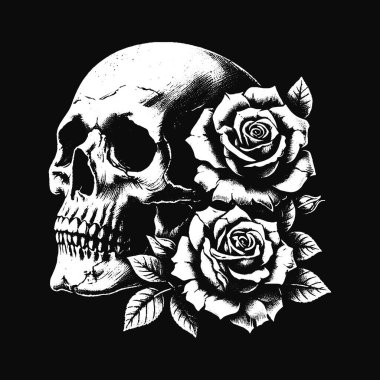 Karanlık Sanat Kurukafa Güller Çiçek Ölüm Grunge Korkunç Vintage Dövme illüstrasyon Siyah Beyaz