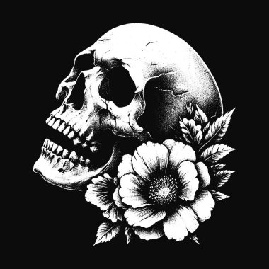 Karanlık Sanat Kurukafa Güller Çiçek Ölüm Grunge Korkunç Vintage Dövme illüstrasyon Siyah Beyaz