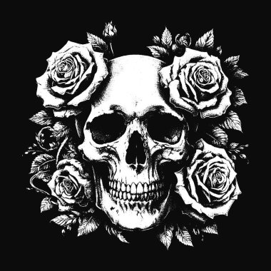 Karanlık Sanat Kurukafa Güller Çiçek Ölüm Grunge Korkunç Vintage Dövme illüstrasyon Siyah Beyaz