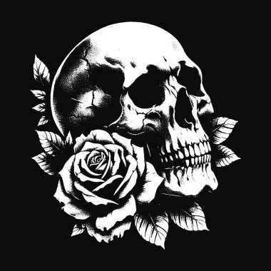 Karanlık Sanat Kurukafa Güller Çiçek Ölüm Grunge Korkunç Vintage Dövme illüstrasyon Siyah Beyaz