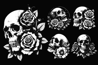 Karanlık Sanat Kurukafa Güller Çiçek Ölüm Korkunç Grunge Vintage Dövme illüstrasyonları Siyah Beyaz